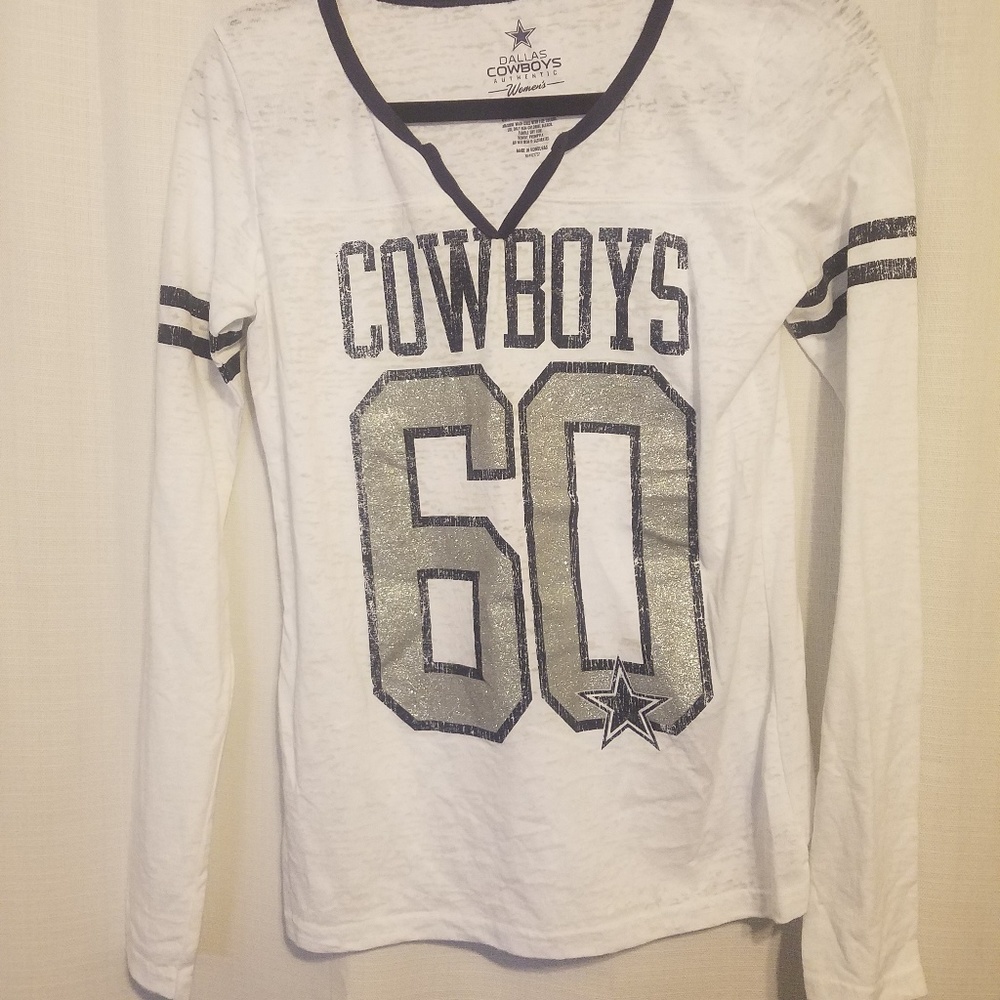 Dallas Cowboys Women's White Long Sleeve Jersey Top with Glitter 60 Graphic